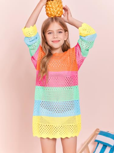 Image of Batermoon Girls Crochet Long Sleeve Swimsuit Cover Up Kids Fashion Hollow Out Swimwear Beach Dress 5-14 Years