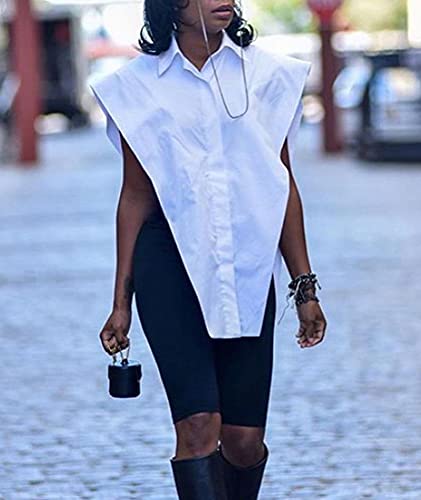 Sexyshine Women's Sexy Sleeveless Button Down Blouse Turn Down Collar Oversize T Shirts Irregular Vest Tops Clubwear4