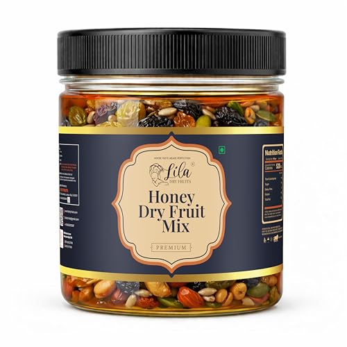 Image of LILA DRY FRUITS Honey Dry Fruits Mix 100 gms with Cashew Almond Pista Raisins Dates Walnuts Pumpkin & Sunflower Seeds | Sweet Honey Coated Nuts & Seeds Healthy Snack Combo Perfect for Gifting