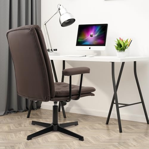 Image of CLATINA Office Chair No Wheels, Leather Criss Cross Desk Chairs with Arms, Modern Cross Legged Computer Chair, Mid Back Height Adjustable Swivel Task Vanity Chair for Home Office, Brown