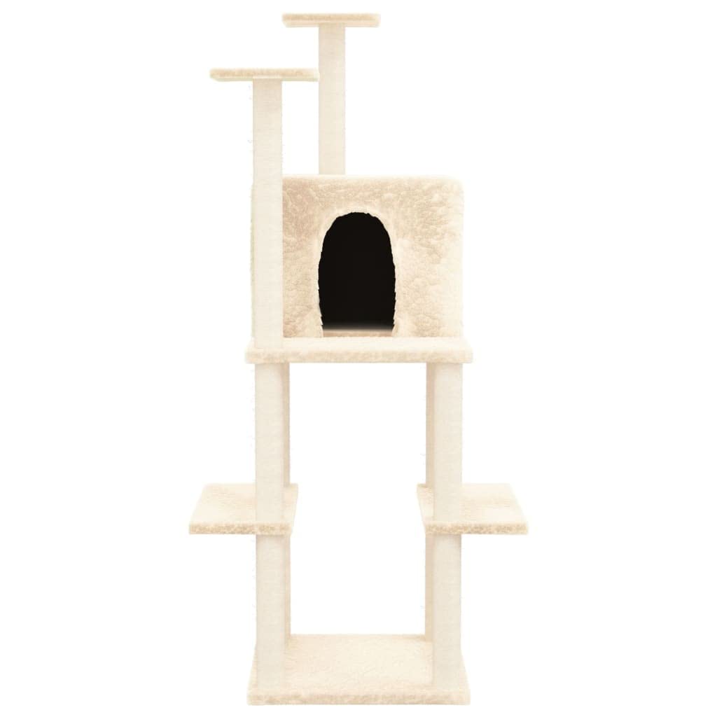 Kratzbaum 144,5 cm hoher Katzenturm mit Sisalstämmen Creme | Mehrstufiges Katzenmöbel mit Kuschelhöhle und Plattformen für das Wohnzimmer. Stabil und platzsparend.