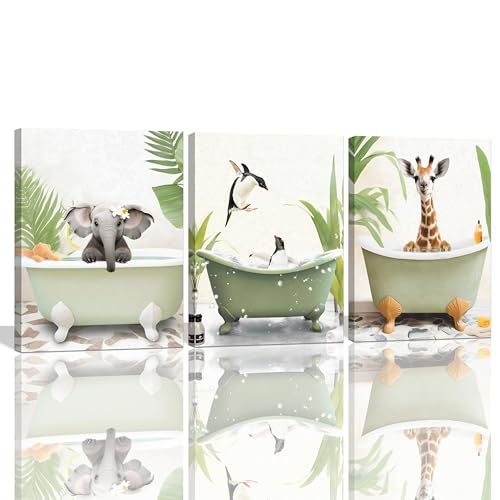 Sage Green Animal Wall Art Set of 3 - Funny Giraffe, Penguin & Elephant Pictures for Bathroom Canvas Wall Decor - Stretched 12x16inches x3pcs
