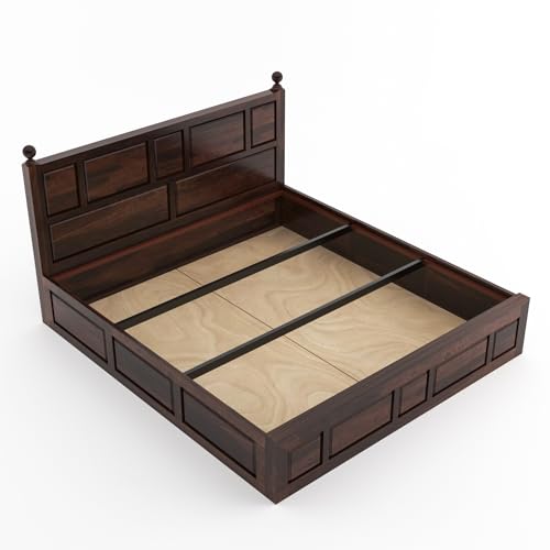 Image of Sheesham Wood Queen Size Bed with Storage Box | Wooden Box Bed Queen Size Double Cot Bed with Storage for Bedroom | Premium Lattu Design Headboard Bed for Living Room | Walnut Finish
