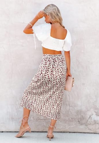 Image of HERBATOMIA Women's Floral Print Midi Skirt Casual High Elastic Waist Zipper Vintage Long Boho Skirts for Women
