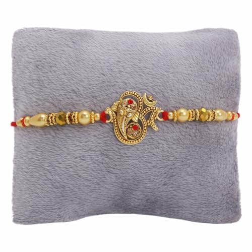 Image of Riddhika Ventures Glorious Gold Plated Religious Diamond Ring Rakhi || Traditional Rakhi Set of 2 & Festive Gift || Rakhi Gift Combo for Bhaiya Bhabhi