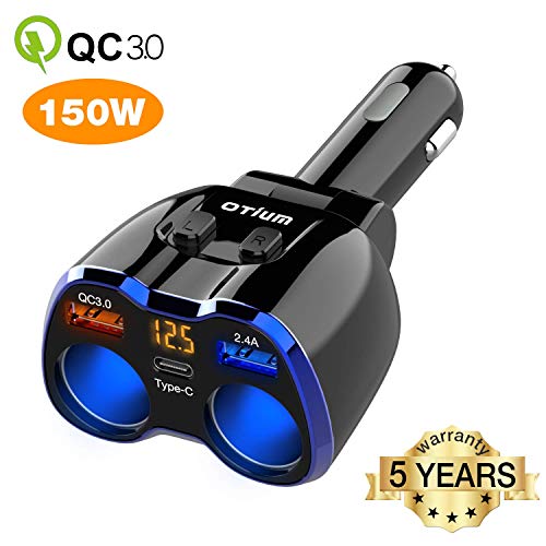 OTIUM 150W 2-Socket Cigarette Lighter Splitter, Car Charger QC 3.0 Dual USB Ports 1 USB C Fast Car Adapter with Separate Switch LED Voltmeter Replaceable 15A Fuse Compatible GPS/Dash Cam/iPhone11/iPad