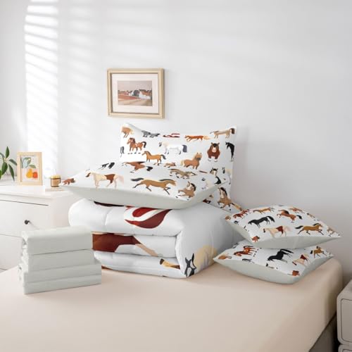 Image of Erosebridal Cartoon Horse Comforter Set 7 Piece Bed in a Bag Twin | Western Bedding Sets Cowboys Wildlife Farm Animals Comforter and Sheet Set, Rustic Farmhouse Bed Sets,Plain White