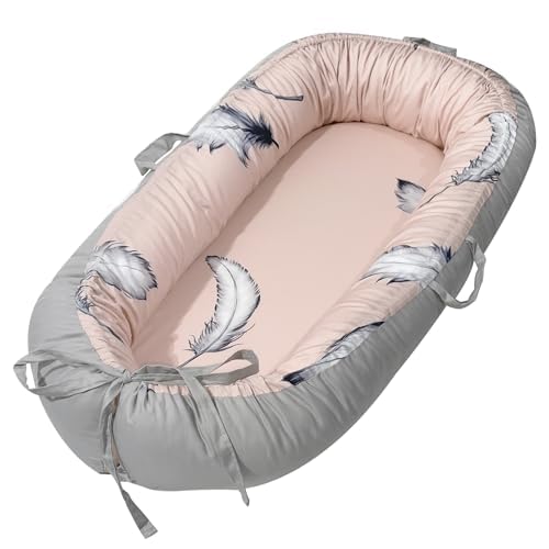 Little Grape Land Babynest 90x65 cm aus 100% Baumwolle (Twill) – Babynestchen/Babykokon, Bettverkleinerer mit Tragegriffen, verstellbar per Kordelzug, für Neugeborene 0–24 Monate, Feder