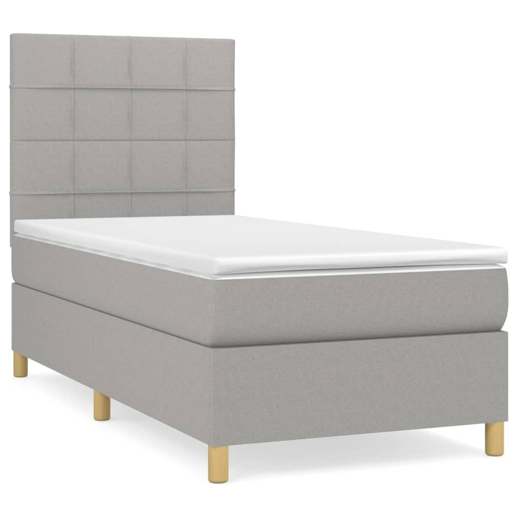 Tkanina z regulowanym zagłówkiem sprężyny kieszeniowe szary 80x200 cm | Łóżko kontynentalne 80x200 z materacem sprężynowym i zagłówkiem, jasnoszare, tkanina poliestrowa, średnio twarde, regulowane