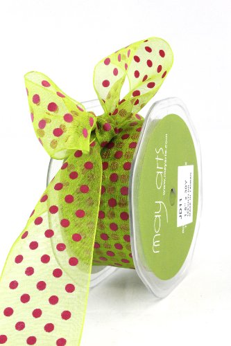 May Arts 1-1/2-Inch Wide Ribbon, Parrot Green and Fuchsia Sheer Polka Dot