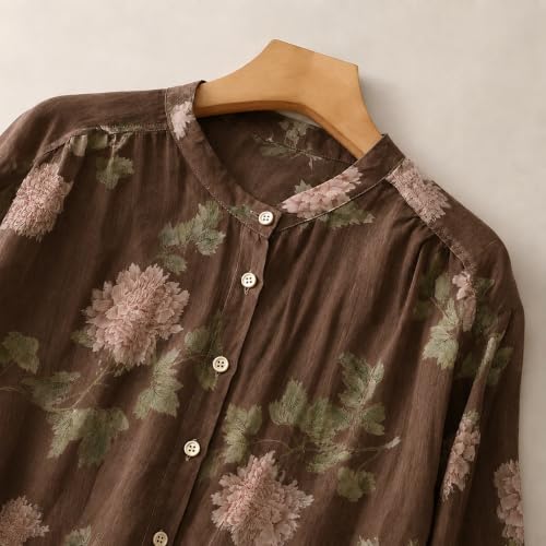 Image of Gufrina Women's Light Rose Floral Printed Button Down Shirt with Mandarin Collar and Relaxed Fit 3 /4 Sleeves