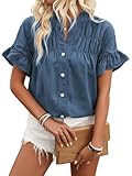 Button Down Shirts for Women Ruffle Ruched Short Sleeve Tops Summer Solid Casual Work Business Blouses A Blue