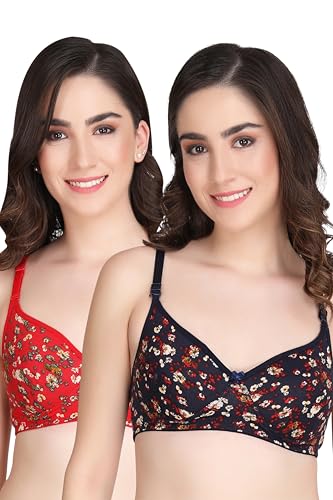 Image of Women Padded Printed Bra - Made of Pure Cotton Full Coverage Non Wired Seamless Pushup Soft Cup for T-Shirt Saree Dress Sports Garment for Daily Use Everyday Black