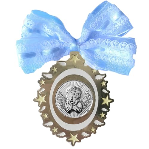 DOCOLASTRA Medalla de Cuna ANGEL DE LA GUARDA terminada en metal y Plata Bilaminada con Aureola esmaltada de Lunas y Estrellas,Personalizable con Datos de Nacimiento o Bautizo.