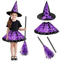 DiULi Halloween Witch Tutu Outfit Set with Pointed Witch's Hat Witches Broom,Halloween Fancy Dress Costume,Wicked Witch Girl Costume for Girls Cosplay,Halloween Carnival Trick or Treat,Purple