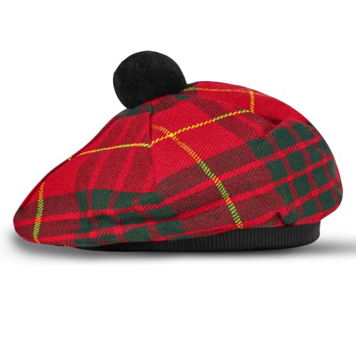 Image of Scottish Tam O' Shanter Hat Tartan Bonnet Pom Pom Wool Flat Cap One Size