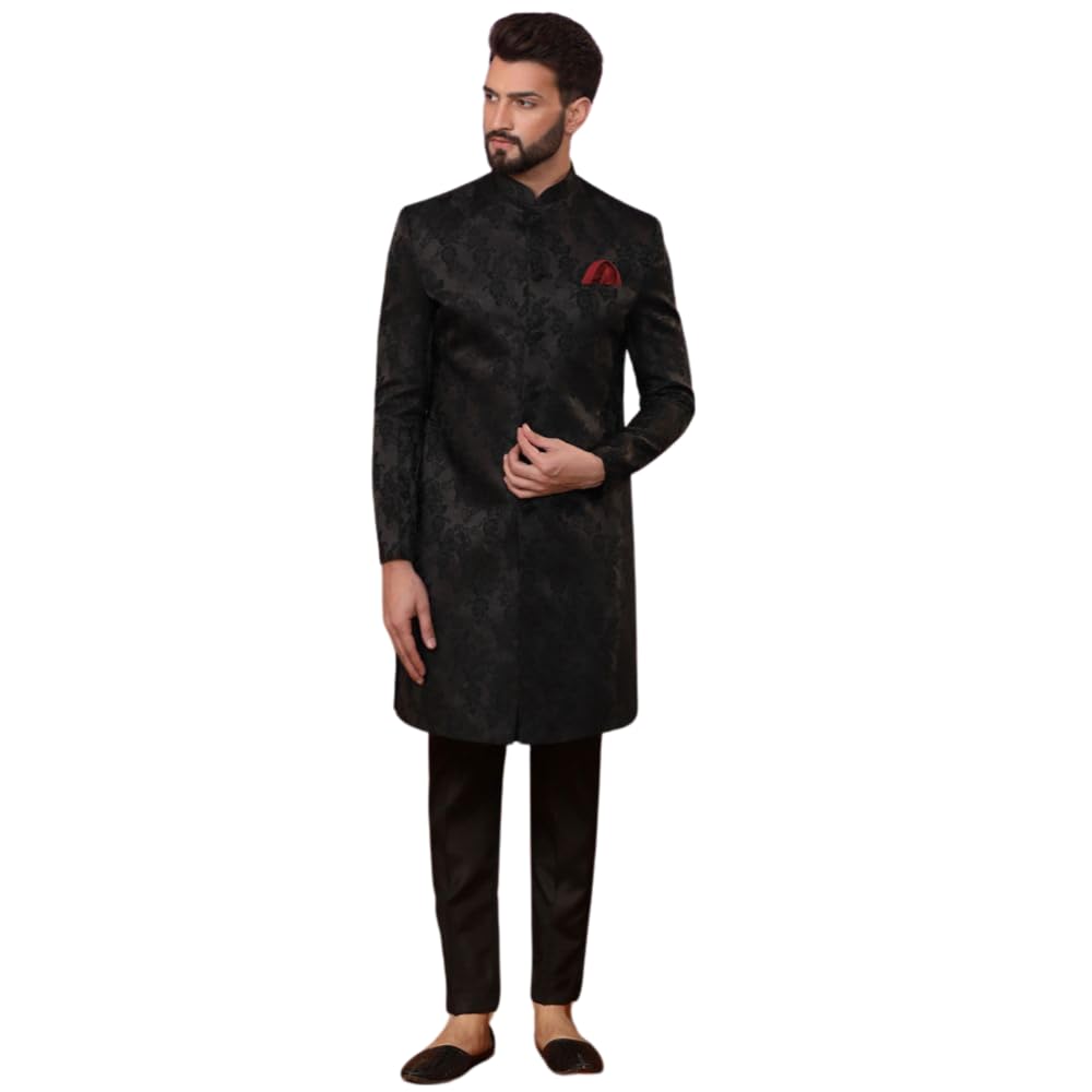 Men's Indo-Western Sherwani Trouser Set, Black Silk Blend, Jacquard Regular Fit Mandarin Collar Long Sleeves-image-22