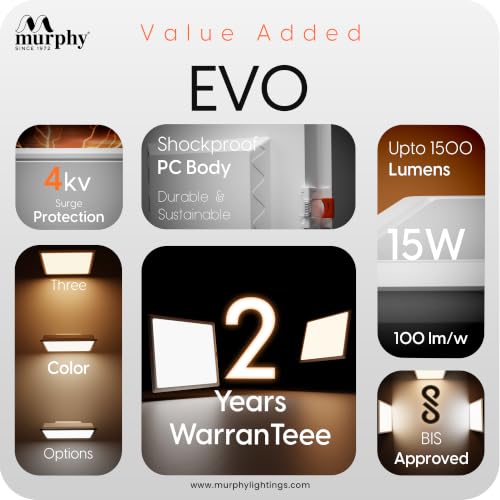Image of Murphy EVO 15W Square LED Panel Light | 3000K Warm White| Recessed Ceiling Light | 1500 Lumens | 150mm Cutout |4kV Surge Protection | BIS Approved |2-Year Warranty |Pack of 20