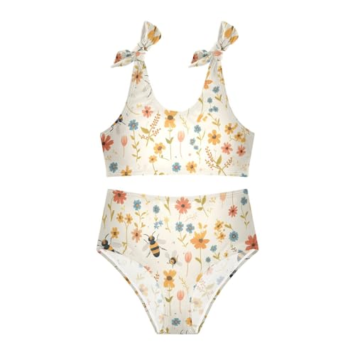 KLL Vintage Embroidery Honey Bee with Wild Flowers Girl 2 Piece Bikini Sets Scoop Neck Swimming Swimwear Swimsuit3