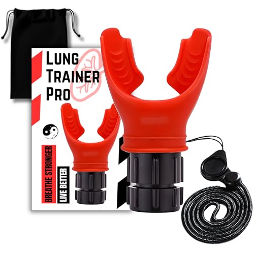 Lung Trainer Pro, Resistance Breathing Exerciser, Adjustable Respiratory Training Device for Athletes & Fitness, Portable & Easy to Clean with Neck Strap & Carry Pouch - Nitro Red