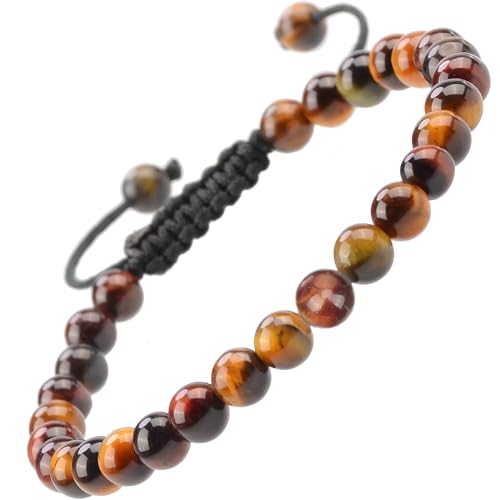 Image of MASSIVE BEADS Natural Healing Power Gemstone Crystal Beads Unisex Adjustable Macrame Bracelets, 6mm, Stone, tiger eye