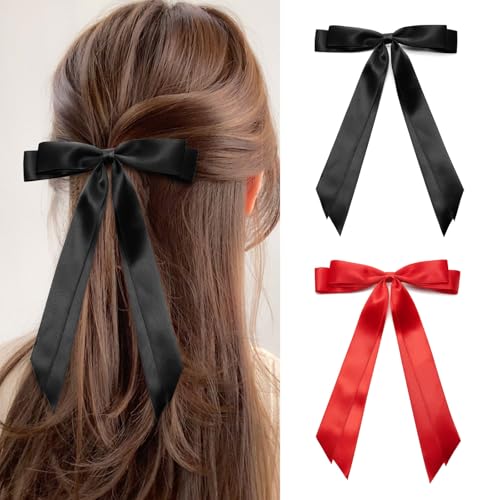 ZOUIQSS 2 clips de lazo de satén para el pelo, soporte para cola de caballo con borla de cola larga, clips de metal con lazo para mujeres y niñas (negro + rojo)