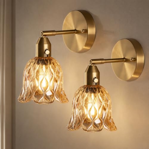 Image of Vintage Gold Wall Sconces Set of 2 - Hardwired Wall Mounted Light Fixtures with Cute Amber Tulip Glass Lampshade, 2 Usage Methods Wall Light fixtures for Bedside Bedroom Living Room Wall Decor