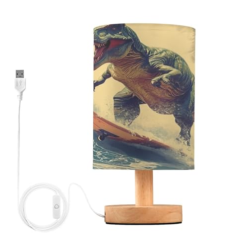 SDMKA Dinosaur on Surfboard Bedside Table Lamp for Bedroom, Minimalist Nightstand Lamp with Round Fabric Shade for Living Room, Office, No Bulb Required