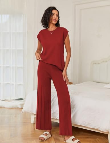 Image of Ekouaer Lounge Sets for Women Two Piece Outfits Knit Cap Sleeve Tops Wide Leg Pleated Pants Casual Dressy Sweater Sets
