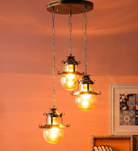 Image of GreyWings Antique Brass Triple Hanging Light for Ceiling, 3 Pendant Lamps for Home Decor, Metal & Glass Chandelier, Indoor Vintage Light, (Bulb Not Included) 3LP Set