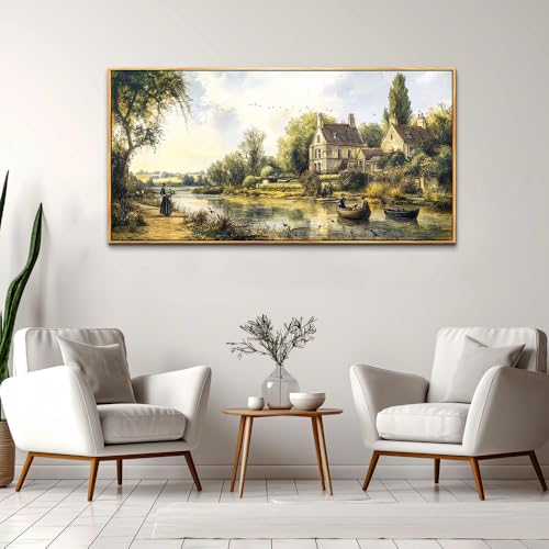 ERQINHUA Wall Art For Living Room Large Canvas Wall Decor For Bedroom Vintage Watercolour Painting Office Decoration Countryside Scenery Home Decor Wall Picture Ready To Hang 24x48 In Wood Framed