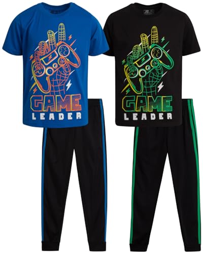 Pro Athlete Conjunto deportivo para niño, 4 piezas, camiseta de cuello redondo y pantalones deportivos de tricot. Conjunto de chándal para niños (8-16), Videojuego negro/azul, 8-10