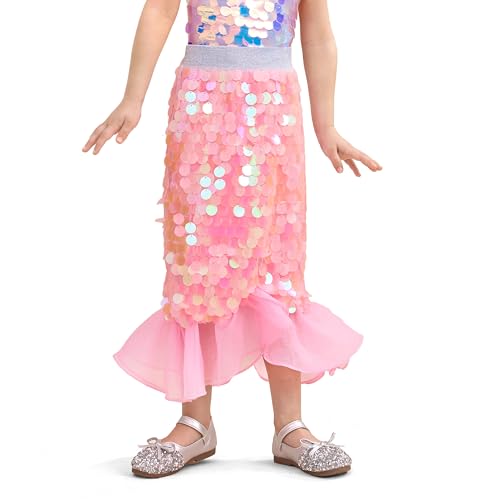 Image of Miipat Girls Sequin Mermaid Skirt Sparkly Kids Mermaid Tail Skirt with Lining Elastic Waist Glitter Toddler Skirts for Birthday Party Festival Beach(Pink 120 5-6 Years)