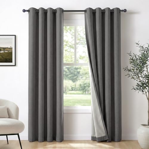 Image of 100% Blackout Shield Curtains, Dark Gray, 50''W x 96''L, 2 Panels, Linen Textured Look, Thermal Insulated, Full Light Blackout, Rod Pocket, Living Room /Bedroom