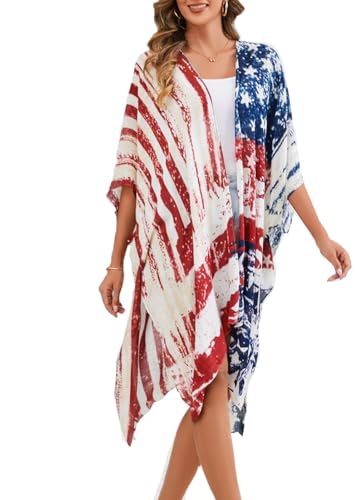 Women's American Flag Beachwear Cover up Cardigan Loose...