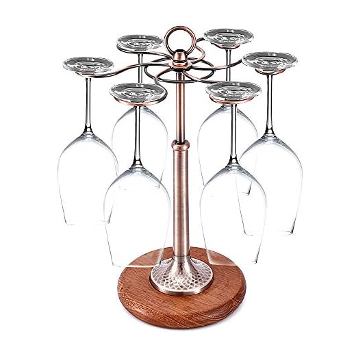 Shikha 6-hook Countertop Wine Glass Holder,Wooden Tabletop Stemware Storage Metal Drying Rack Glasses Cup Accessories for Home Bar Decor Kitchen Organizer (Bronze)