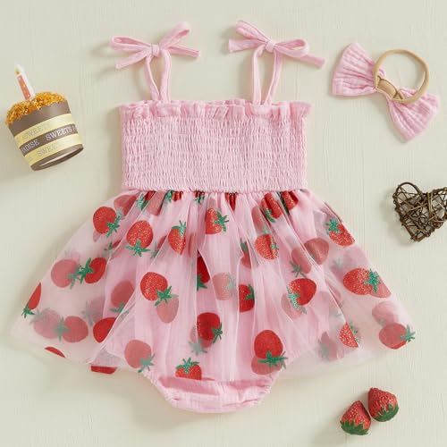 Baby Girl First Birthday Outfit Sleeveless Romper Dress Strawberry Ruffle Tulle Tutu Headband Cake Smash Clothes4