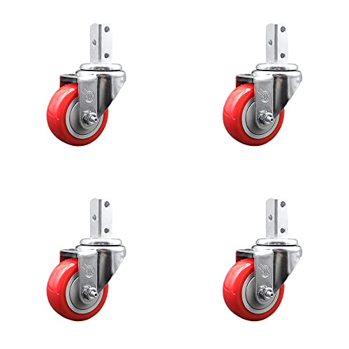 Swivel Square Stem Caster Set 4 w/3” x 1.25” Red Polyurethane Wheel - 3/4” x 2” Square Stem with (3) 17/64” Diameter Mounting Holes - Includes 4 Swivel - 1200 lbs. Cpty/Caster - Service Caster Brand