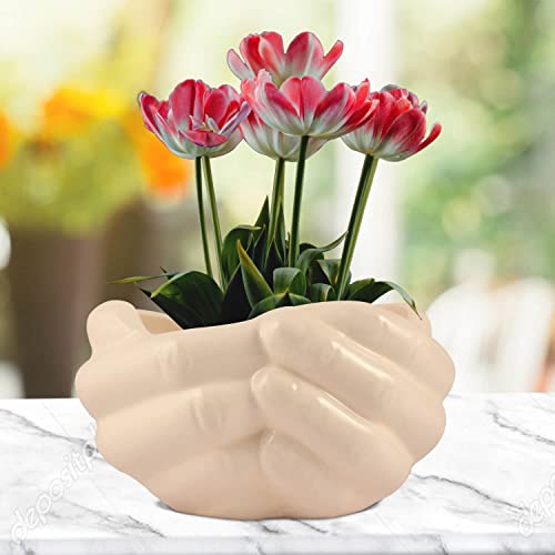 Image of Lasaki Hand White Ceramic Flower Pot for Indoor & Outdoor Plants | Decorative Balcony, Garden, Home & Office Succulent Pot | Unique Designer Gamla Plant Holder | Plants Not Included