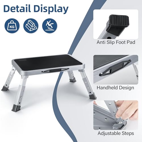 Tritthocker Klappbar, 3-Stufig Höhenverstellbarer Klapptritt, Trittstufe Klappbar mit Rutschfester Plattform, Klapphocker Faltbar Bis 150 kg, Tragbare Leiter für Erwachsene, Küche, Büro, Haus