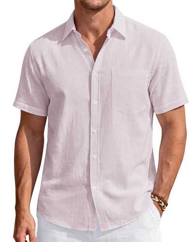 Image of J.VER Mens Linen Shirt Short Sleeve Button Down Casual Summer Shirts | Cotton Linen, Untucked, Big Tall, from Beach Camp Vacation, Cruise Fishing, Work Office, to Wedding Party Family, with Pocket