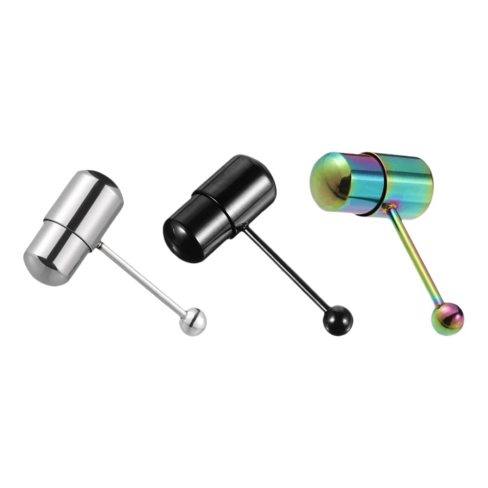 3pcs Vibrating Tongue Ring Stainless Steel Punk Tongue Bar Body Piercing Jewelry Prickly Straight Barbell Stud Ring for Adult Women Men Assorted Color
