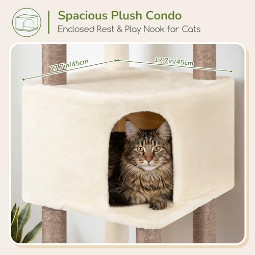 Image of Globlazer Tall Cat Tree Tower for Large Adult Cats, Multi-Level Large 65 Inch Cat Scratching Tower with Hammock, 6 Scratching Posts, Basket and 2 Perches for Indoor Multiple Cats, F65D, Beige