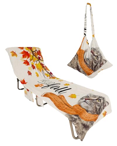 Thanksgiving Beach Chair Towel Covers for Chaise Lounge with Side Pocket, Soft Plush Pool Towels Cover for Patio Sunbathing Outdoor 29''x85'' Rustic Fall Leaves Watercolor Cat Beige