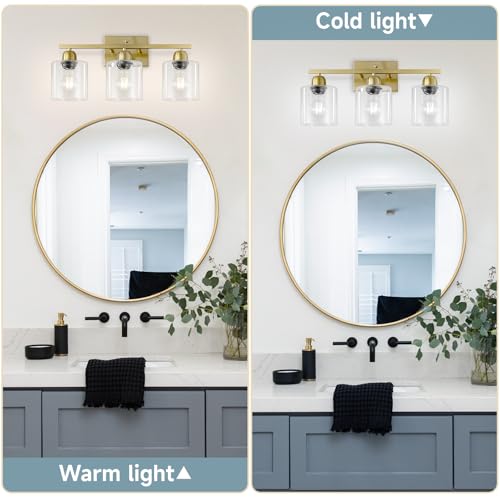 Image of Modern Brushed Gold 3 Light Bathroom Light Fixtures, 19 inch Vanity Lights for Bathroom with Clear Glass, Bathroom Lighting Fixtures Over Mirror for Mirror Kitchen Living Room