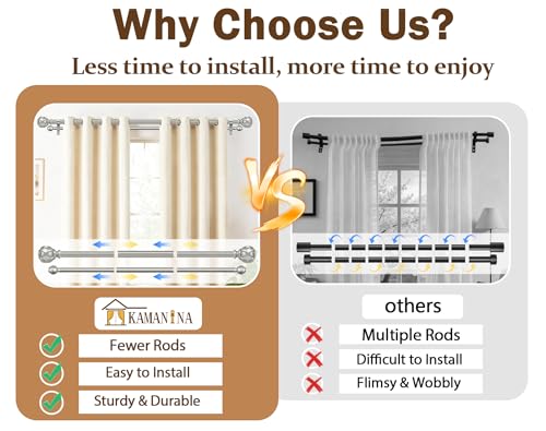 Image of KAMANINA 1 Inch Double Curtain Rods for Windows 72 to 144 Inches (6-12 Feet), Silver Heavy Duty Double Curtain Rod, Telescoping Drapery Rod with Netted Texture Finials
