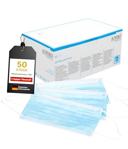 ADEBO Medical® OP Masken Typ IIR – 50 Stück | Medizinische 3-lagige Einwegmasken | EN 14683 & CE zertifiziert | BFE ≥98% | Blau | Latexfrei & hypoallergen, atmungsaktiv