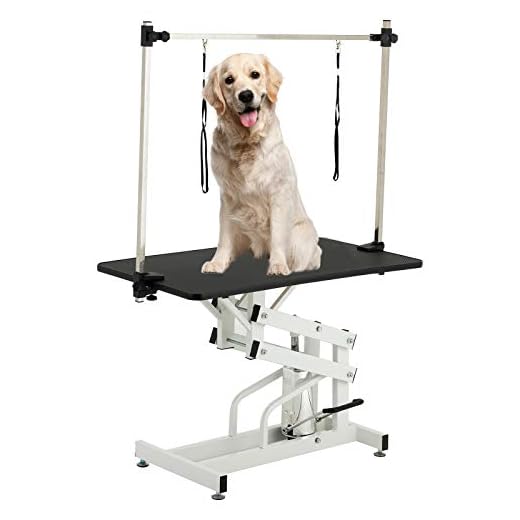 SUNCOO 43 Inch Hydraulic Pet Dog Grooming Table Upgraded Professional Drying Table Heavy Duty Stainless Steel Frame with Adjustable Arm and Noose 400lbs Capacity Height Range 22-39 Inch