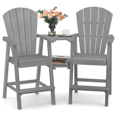 Ciokea Tall Adirondack Chairs Set of 2, HDPE Outdoor Adirondack Bar Stools with Double Connecting Tray, Weather Resistant High Back Adirondack Balcony Chairs for Deck, Lawn, Pool, Backyard, Grey