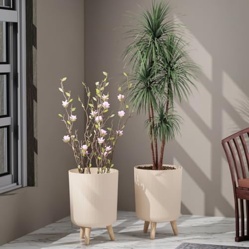 Image of StyleX Store Modern Flower Pot with Plastic Legs | Indoor Outdoor Planter for Home Garden Balcony Decor Ribbed Design Sturdy Plastic Mid-Century Style (Warm Beige Pack of 2)
